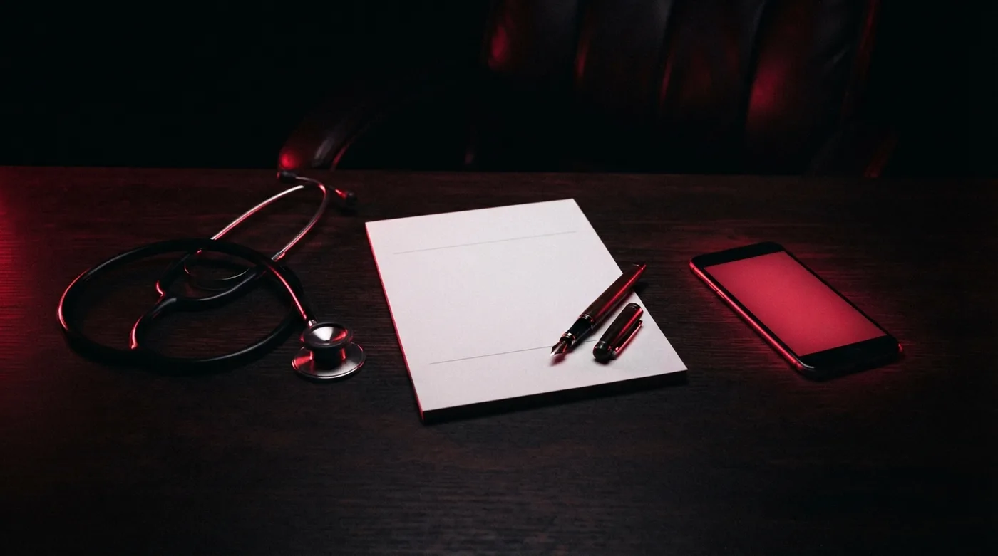Escritorio de un médico con recetario, pluma, estetoscopio y celular.