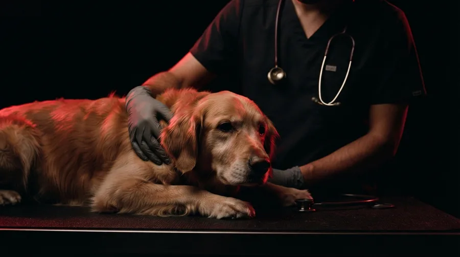Mano de una veterinaria sobre un perro tranquilo en la mesa de exploración.