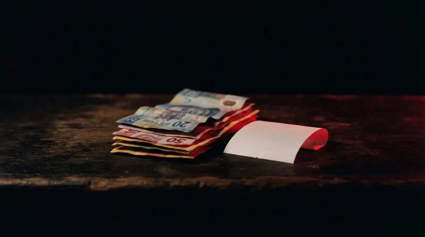 Recibo de pago y billetes sobre el mostrador de una tienda