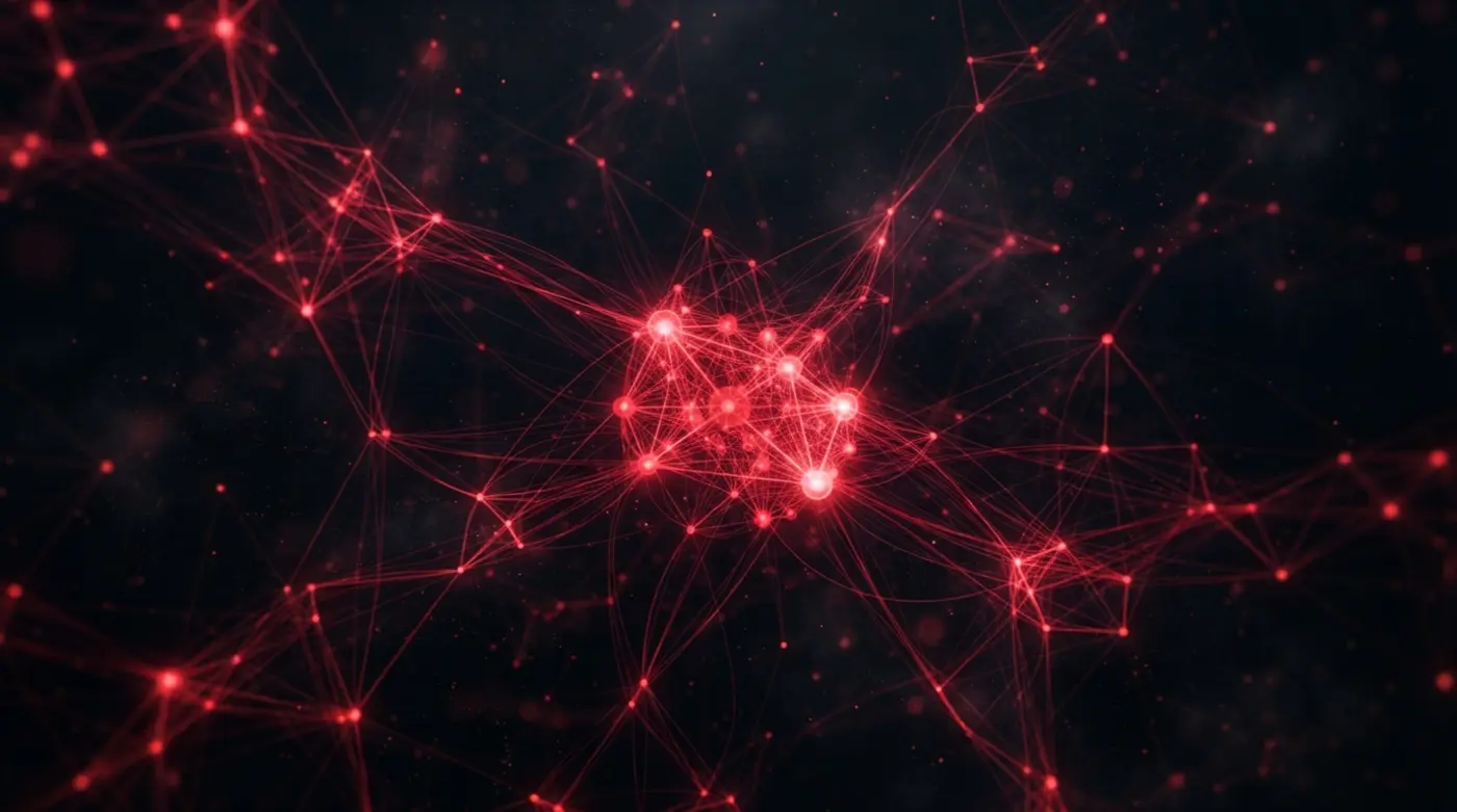 Red de nodos conectados en rojo sobre fondo negro representando decisiones corporativas