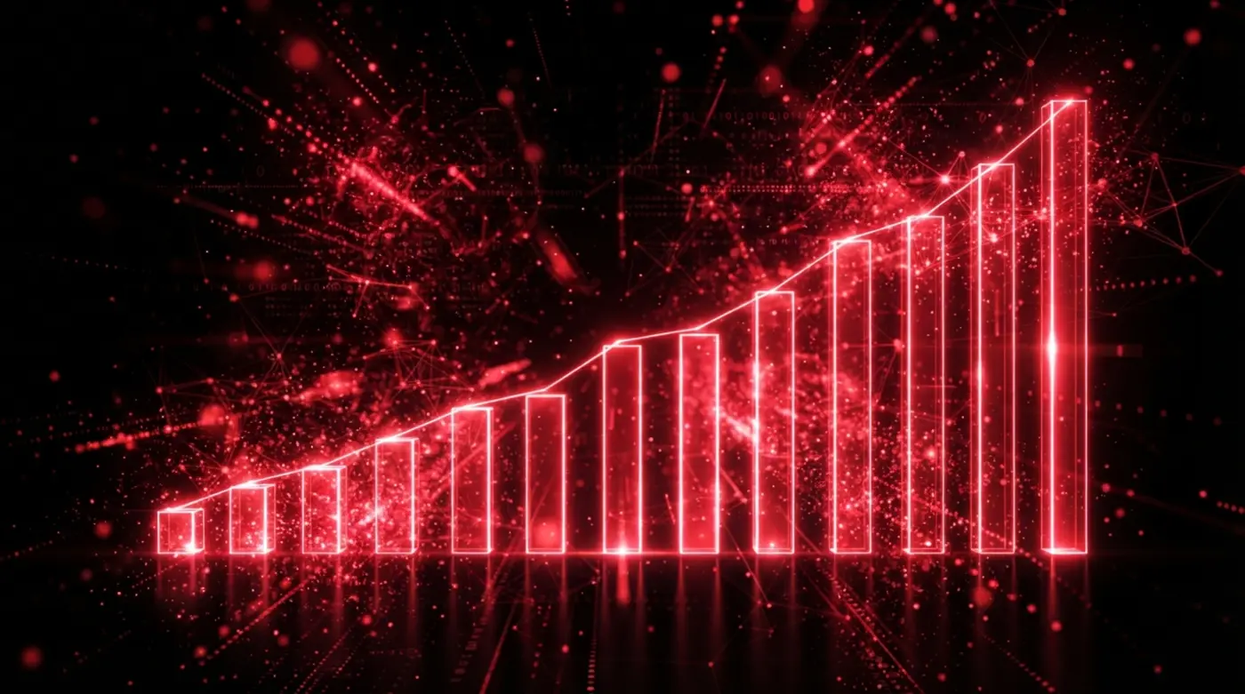 Representación abstracta de una gráfica de crecimiento en rojo sobre fondo negro