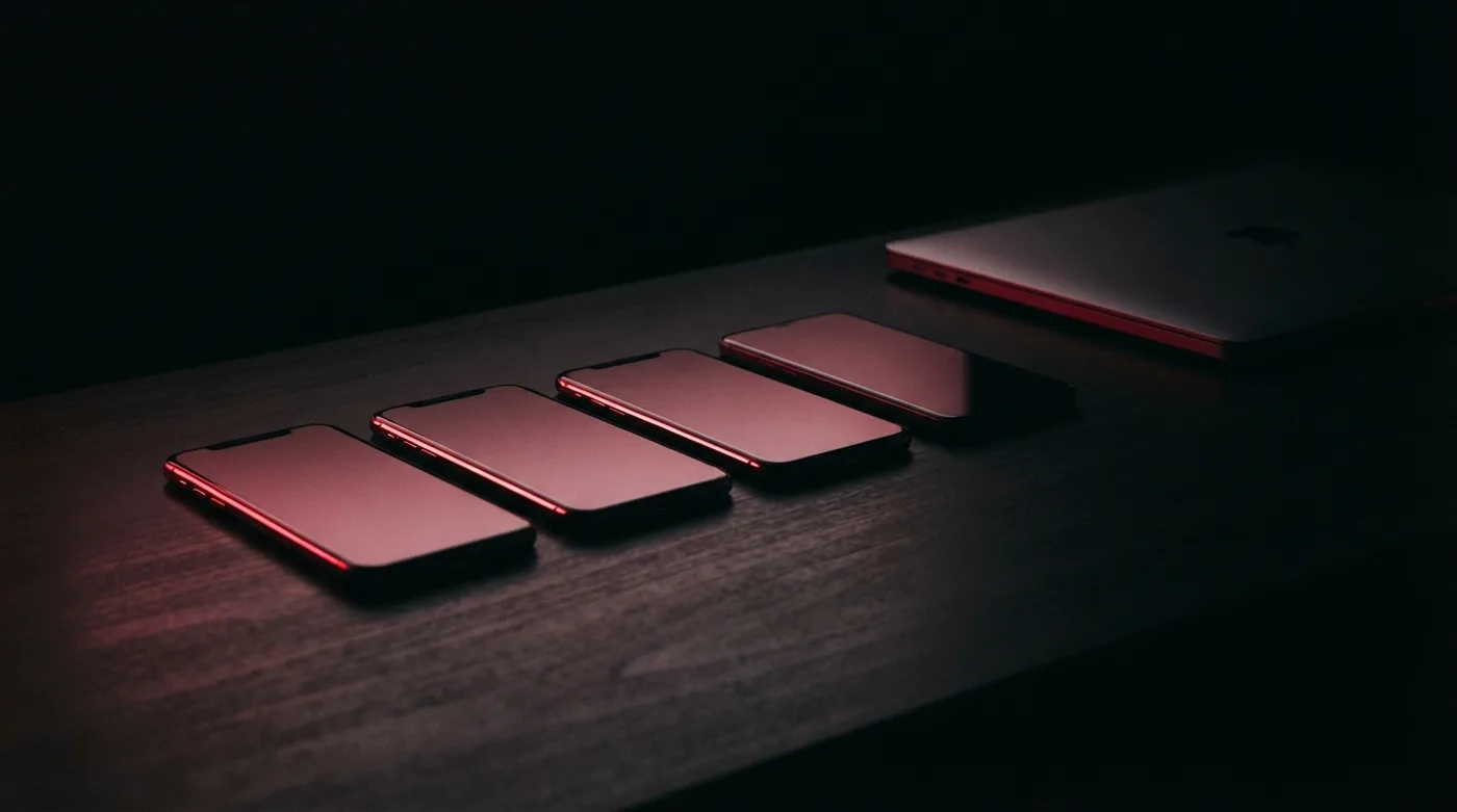 Varios celulares sobre un escritorio oscuro con las pantallas iluminadas en rojo.