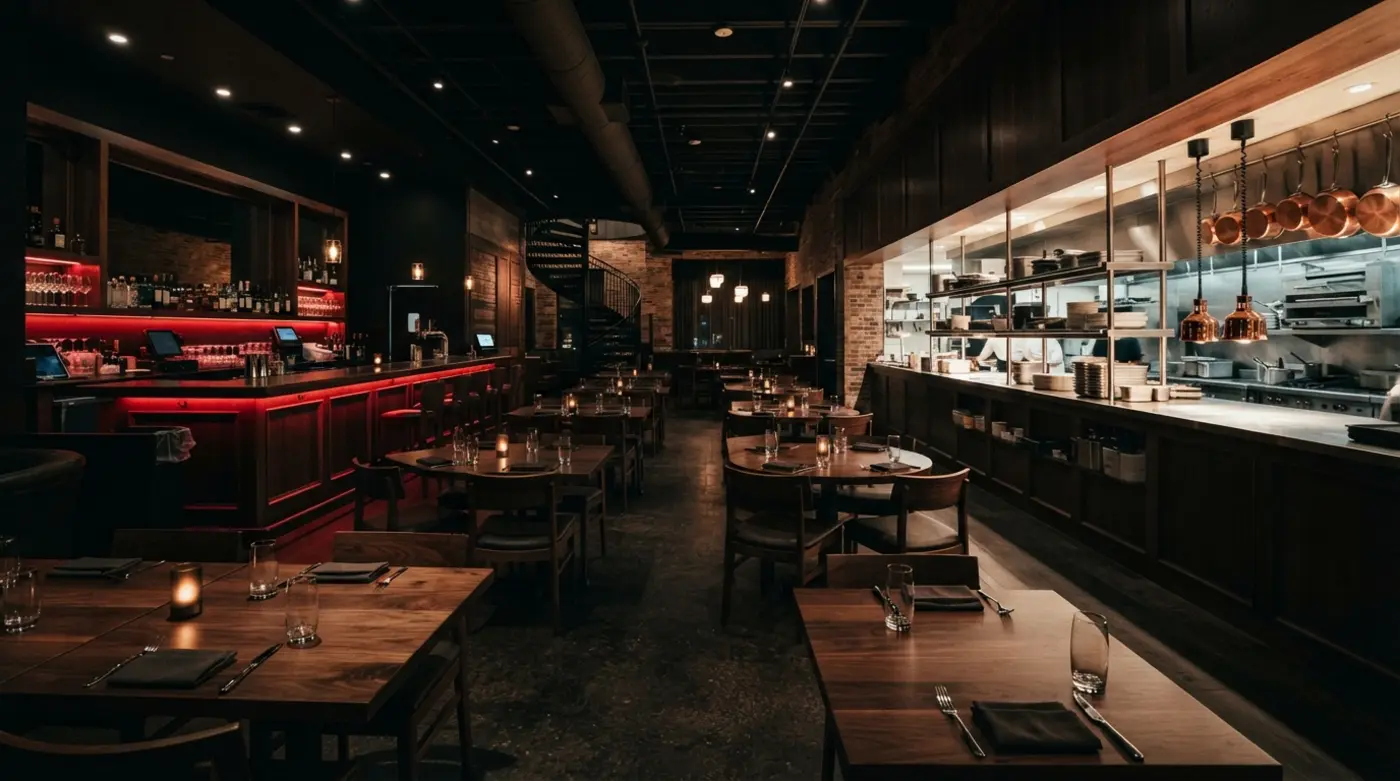 Interior de restaurante vacío de noche con iluminación roja tenue sobre la barra