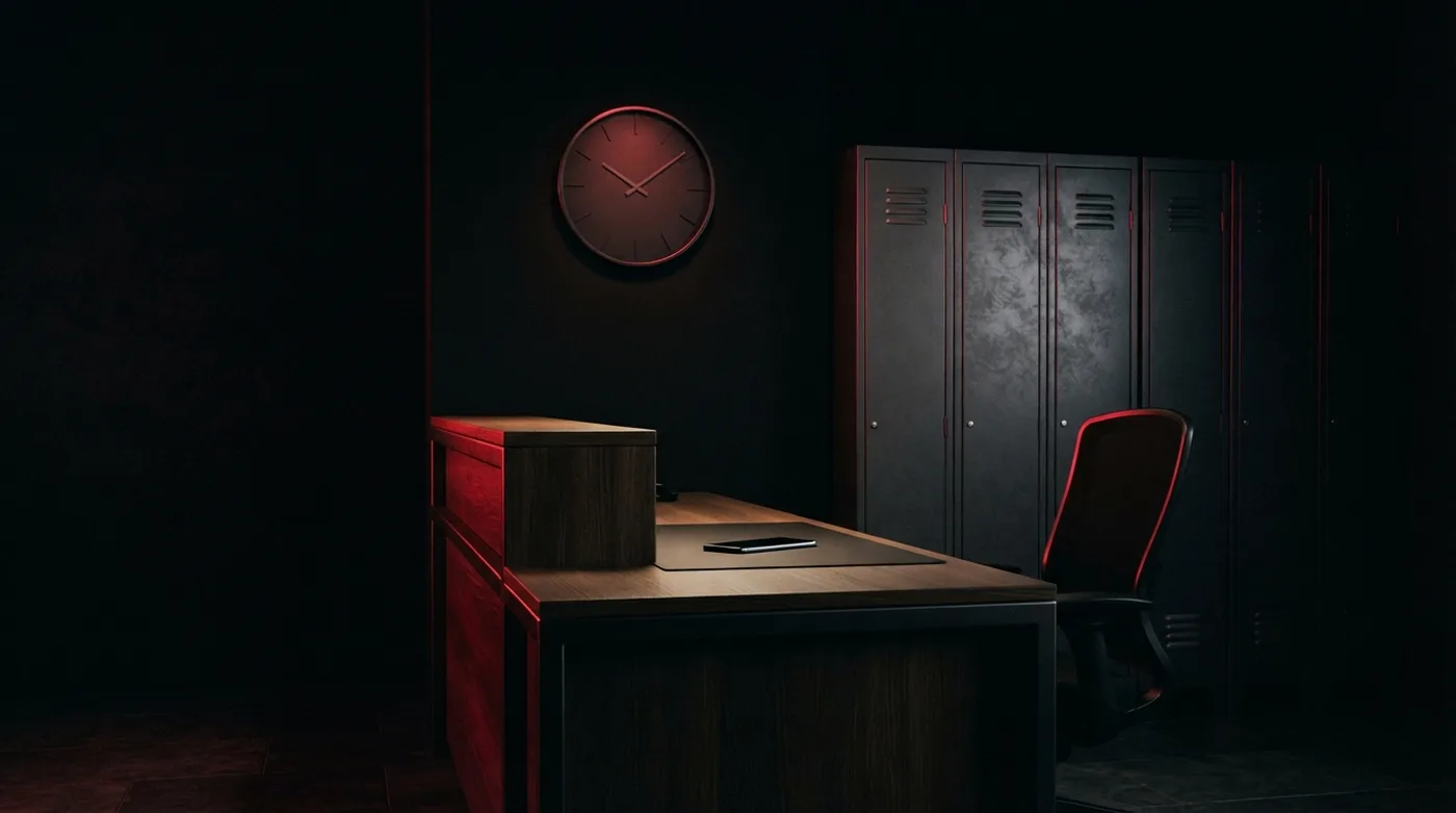 Oficina con un reloj de pared y un celular en un escritorio iluminado en rojo