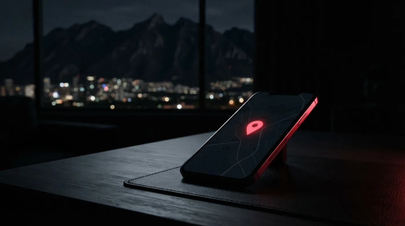 Teléfono con un pin de mapa encendido en rojo frente a una ciudad entre montañas de noche