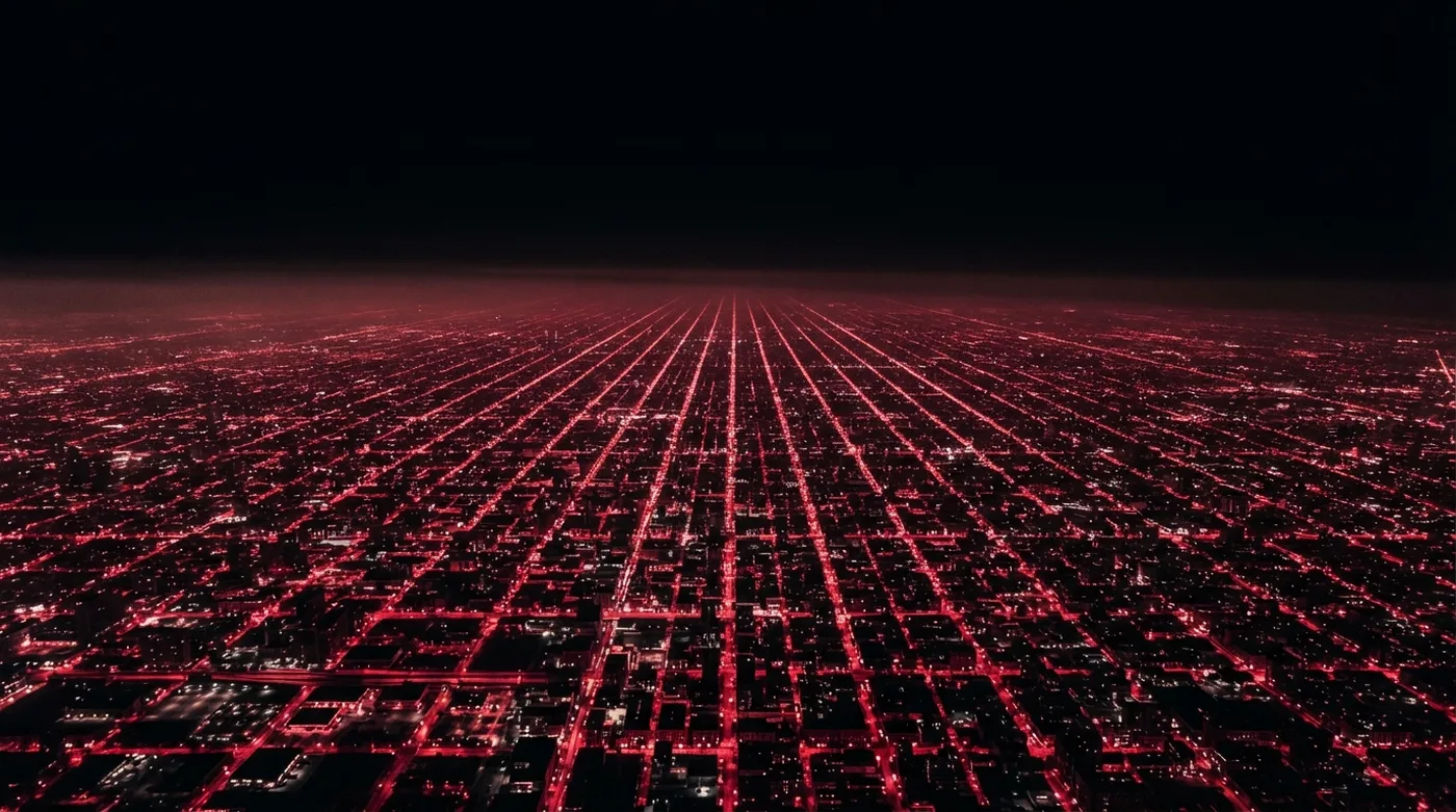 Vista aérea nocturna de una ciudad iluminada en rojo