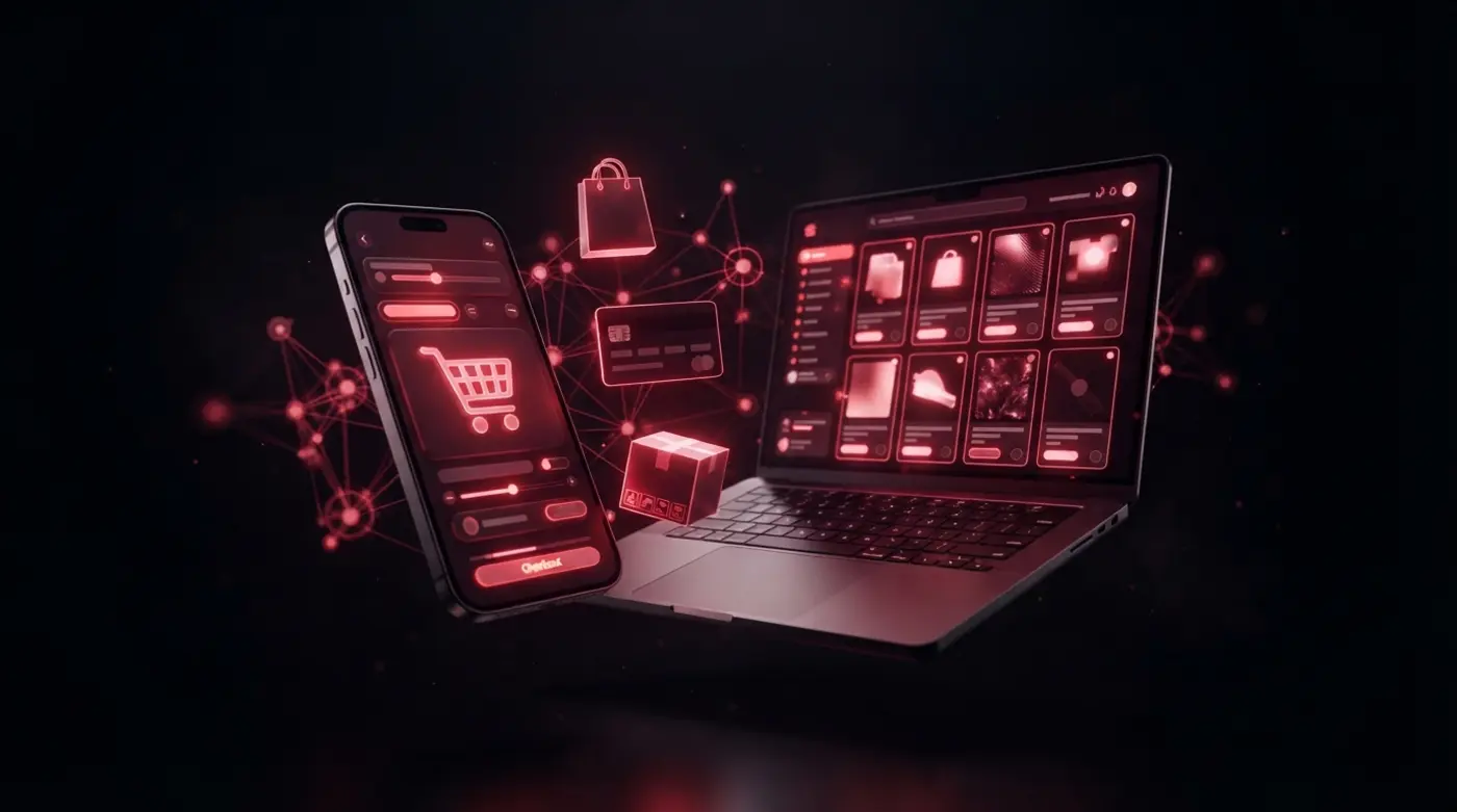 Teléfono y laptop mostrando una tienda en línea con catálogo de productos, carrito de compra y pago seguro