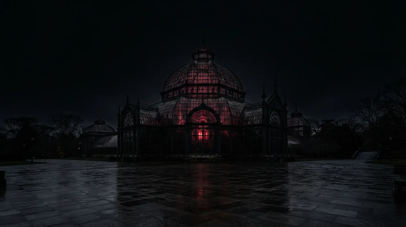 Cúpula de vitrales de un invernadero monumental iluminada en rojo profundo por la noche