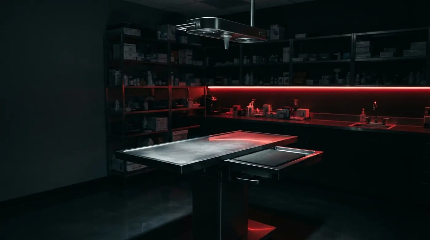 Sala de exploración veterinaria oscura con luz roja e instrumental de acero